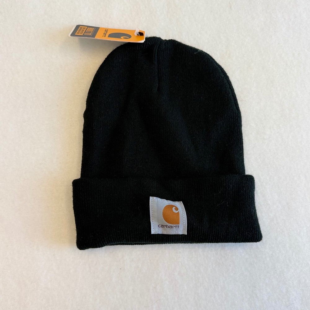 Carhartt A18 Knit Cuffed Beanie Black Yellow Logo Watch Cap Winter Workwear